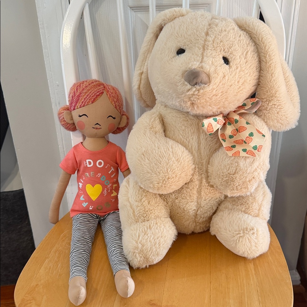 (2) Plush Cream Bunny with Carrot Print Bow & girls doll